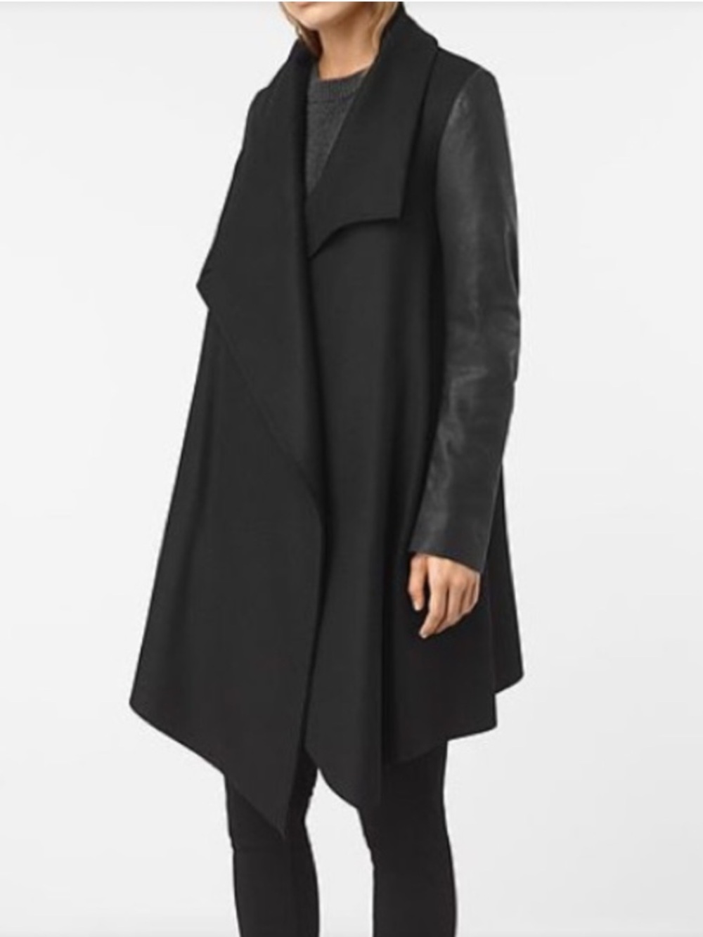 AllSaints Hyde Monument Black Wool Cape with Leather Sleeves